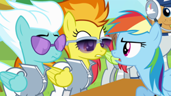 Size: 1280x720 | Tagged: safe, imported from derpibooru, screencap, fleetfoot, rainbow dash, spitfire, pony, rainbow falls, clothes, warmup suit