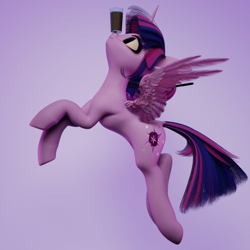 Size: 2048x2048 | Tagged: safe, artist:valiant studios, imported from derpibooru, oc, oc only, oc:twilight (dimensional shift), alicorn, pony, 3d, 3d model, alicorn oc, balancing, blender, blender cycles, chocolate, chocolate milk, cute, cycles render, horn, milk, ponies balancing stuff on their nose, solo, this will end in spilled milk, vs twi, wings
