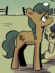 Size: 445x590 | Tagged: safe, idw, imported from derpibooru, spoiler:comic, spoiler:comic99, acacia pie, black hair, brown coat, brown eyes, female, filly, foal, green coat, green mane, green tail, mare, oak pie, official comic, pie family, rock farm, tail, twig, yellow eyes