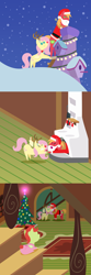Size: 2160x6480 | Tagged: safe, anonymous artist, imported from derpibooru, big macintosh, fluttershy, oc, oc:late riser, earth pony, pegasus, pony, series:fm holidays, series:hearth's warming advent calendar 2022, advent calendar, animal costume, baby, baby pony, bell, bell collar, bipedal, bipedal leaning, chimney, christmas, christmas lights, christmas stocking, christmas tree, clothes, collar, colt, costume, eyes closed, fake antlers, fake beard, female, fireplace, fluttermac, fluttershy's cottage, foal, footed sleeper, footie pajamas, frown, hat, high res, holiday, kissing, leaning, lineless, male, mare, mistletoe, night, offspring, onesie, pajamas, parent:big macintosh, parent:fluttershy, parents:fluttermac, pointy ponies, pulling, red nose, reindeer costume, santa costume, santa hat, shipping, snow, snowfall, stairs, stallion, straight, stuck, tree, watching