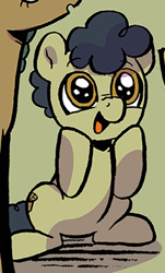 Size: 215x355 | Tagged: safe, idw, imported from derpibooru, earth pony, pony, spoiler:comic, spoiler:comic99, acacia pie, acorn, black mane, black tail, brown eyes, colt, comic, excited, foal, green coat, hooves on face, male, oak pie, official comic, tail