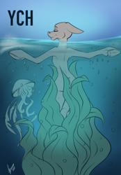 Size: 1640x2360 | Tagged: safe, artist:stirren, imported from derpibooru, commission, eyes closed, floating, ocean, seaweed, smiling, solo, water, your character here
