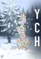 Size: 1640x2360 | Tagged: safe, artist:stirren, imported from derpibooru, pony, bondage, christmas, christmas lights, commission, garland, holiday, pine tree, sitting, snow, snowfall, solo, tree, your character here