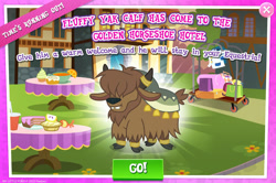 Size: 1956x1296 | Tagged: safe, imported from derpibooru, yak, background character, background yak, calf, cloven hooves, english, gameloft, hair over eyes, horn, horn ring, horns, male, mobile game, my little pony: magic princess, ring, text, unnamed character, unnamed yak, yak calf, yona's brother