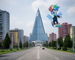 Size: 1440x1153 | Tagged: safe, imported from derpibooru, rainbow dash, zapp, pegasus, pony, power ponies (episode), female, irl, mare, north korea, photo, ponies in real life, power ponies, pyongyang