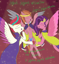 Size: 2962x3238 | Tagged: safe, artist:madtown97, imported from derpibooru, pipp petals, zipp storm, oc, oc:nimble speed, pegasus, pony, spoiler:g5, spoiler:winter wishday, cloak, clothes, colored wings, eyebrows, eyes closed, female, flying, g5, gradient wings, high res, male, mare, my little pony: a new generation, my little pony: make your mark, my little pony: make your mark chapter 3, open mouth, open smile, pegasus oc, royal sisters (g5), siblings, signature, sisters, smiling, song, song reference, spotlight, spread wings, stallion, trio, wings, winter wishday