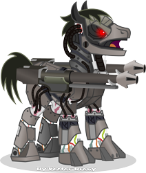 Size: 3225x3798 | Tagged: safe, artist:vector-brony, imported from derpibooru, oc, oc only, oc:deus, cyborg, cyborg pony, earth pony, pony, fallout equestria, fallout equestria: project horizons, angry, armor, cannon, fanfic art, glare, grim reaper, gun, looking at someone, mane, red eyes, scar, scarred, simple background, steel pony, transparent background, vector, weapon