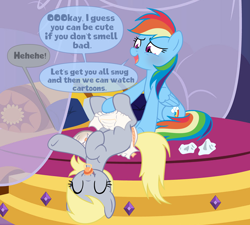 Size: 1508x1359 | Tagged: safe, artist:juicebarx, imported from derpibooru, derpy hooves, rainbow dash, pegasus, pony, bed, cute, derp, diaper, diaper change, diaper fetish, duo, female, fetish, full diaper, lying down, mare, messy diaper, non-baby in diaper, on back, pacifier, sequence, show accurate, smiling, speech bubble, wipes