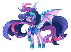 Size: 1990x1459 | Tagged: safe, artist:thurder2020, imported from derpibooru, twilight sparkle, alicorn, bat pony, bat pony alicorn, pony, armor, bat wings, chaos twilight, chestplate, female, gameloft, helmet, hoof shoes, horn, long mane, long tail, looking at you, mare, my little pony: magic princess, open mouth, peytral, raised hoof, simple background, slim, solo, tail, tall, white background, wings