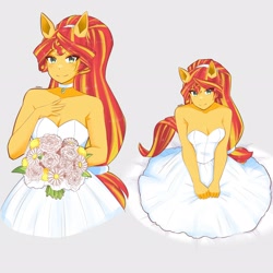 Size: 2894x2894 | Tagged: safe, artist:deeemperor, imported from derpibooru, sunset shimmer, human, equestria girls, alternate hairstyle, bare shoulders, breasts, busty sunset shimmer, choker, clothes, cute, dress, female, flower, marriage, ponied up, reasonably sized breasts, shimmerbetes, simple background, sleeveless, solo, strapless, wedding, wedding dress, white background