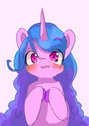 Size: 540x766 | Tagged: safe, artist:pnpn_721, imported from derpibooru, izzy moonbow, pony, unicorn, blushing, eye clipping through hair, eyebrows, eyebrows visible through hair, female, g5, horn, looking at you, mare, simple background, solo
