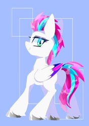 Size: 1075x1518 | Tagged: safe, artist:stacy_165cut, imported from derpibooru, zipp storm, pegasus, pony, abstract background, blue background, female, folded wings, g5, looking at you, looking back, looking back at you, mare, simple background, solo, wings