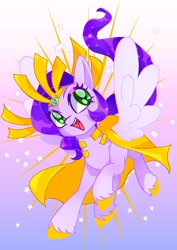 Size: 1075x1518 | Tagged: safe, artist:stacy_165cut, imported from derpibooru, pipp petals, pegasus, pony, adorapipp, colored wings, cute, eyebrows, female, g5, gradient background, looking at you, mare, open mouth, open smile, smiling, smiling at you, solo, spread wings, stars, wings