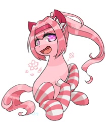 Size: 1024x1200 | Tagged: safe, artist:yukkuri_yu_yu, imported from derpibooru, earth pony, pony, anime, clothes, female, haru urara, looking at you, mare, open mouth, ponified, simple background, socks, solo, stockings, striped socks, thigh highs, uma musume pretty derby, white background