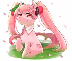 Size: 2066x1763 | Tagged: safe, artist:yukkuri_yu_yu, imported from derpibooru, earth pony, pony, anime, cherry blossoms, female, flower, flower blossom, grass, hatsune miku, looking at you, mare, necktie, ponified, raised hoof, sakura miku, simple background, solo, vocaloid, white background