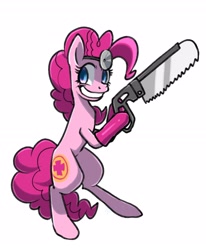 Size: 2066x2507 | Tagged: safe, artist:yukkuri_yu_yu, imported from derpibooru, pinkie pie, earth pony, pony, bipedal, bonesaw, female, grin, hoof hold, looking at you, mare, medic, saw, simple background, smiling, solo, team fortress 2, white background