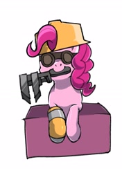 Size: 1763x2507 | Tagged: safe, artist:yukkuri_yu_yu, imported from derpibooru, pinkie pie, earth pony, pony, clothes, engineer, female, gloves, goggles, hard hat, hat, mare, mouth hold, simple background, solo, team fortress 2, white background, wrench