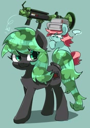 Size: 1763x2507 | Tagged: safe, artist:yukkuri_yu_yu, imported from derpibooru, oc, oc only, earth pony, pony, bucket, duo, eye clipping through hair, female, green background, looking at someone, looking at you, mare, ponified, rocket launcher, simple background, soldier, speech bubble, team fortress 2, weapon