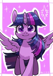 Size: 1763x2507 | Tagged: safe, artist:yukkuri_yu_yu, imported from derpibooru, twilight sparkle, alicorn, pony, abstract background, cute, female, japanese, looking at you, mare, outline, simple background, smiling, smiling at you, solo, sparkles, spread wings, twiabetes, twilight sparkle (alicorn), white background, wings