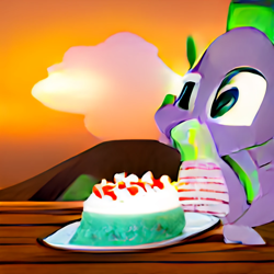 Size: 1024x1024 | Tagged: safe, imported from derpibooru, spike, dragon, ai content, ai generated, apron, cake, clothes, cloud, food, generator:craiyon, male, sky, solo, sunset, table, volcano, wat, what has science done