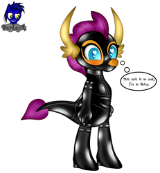 Size: 3840x4154 | Tagged: safe, alternate version, artist:damlanil, imported from derpibooru, smolder, dragon, bdsm, bodysuit, bondage, bondage mask, boots, bound wings, catsuit, clothes, collar, comic, corset, cute, dragon wings, dragoness, eyelashes, female, gag, gimp suit, heart, heart eyes, high heels, hood, horns, latex, latex boots, latex suit, muzzle gag, rubber, shiny, shoes, show accurate, simple background, smiling, smolderbetes, solo, standing, suit, text, thought bubble, transparent background, vector, wingding eyes, wings