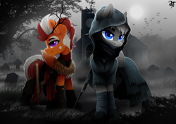 Size: 3400x2400 | Tagged: safe, artist:rainbowfire, imported from derpibooru, oc, oc:eleftheria, bird, earth pony, pegasus, pony, bandage, blue eyes, cassock, church, clothes, creepy, cute, danger, darkness, duo, female, fog, grass, gravestone, graveyard, gun, hammer, hat, jacket, looking at you, mare, monochrome, purple eyes, rifle, smiling, tree, weapon, wings