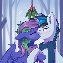 Size: 4190x4170 | Tagged: safe, alternate version, artist:cheekipone, imported from derpibooru, oc, oc:lishka, oc:solar gizmo, earth pony, pegasus, pony, alternate character, clothes, duo, heart, heart eyes, holly, holly mistaken for mistletoe, kiss on the lips, kissing, oc x oc, scarf, shipping, wingding eyes
