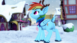 Size: 3840x2160 | Tagged: safe, artist:psfmer, imported from derpibooru, rainbow dash, deer, deer pony, original species, pegasus, peryton, reindeer, 3d, antlers, butt, clothes, deer tail, plot, ponyville, rainbutt dash, reindeer dash, reindeerified, revamped ponies, scarf, snow, snowfall, solo, source filmmaker, species swap, tail, unshorn fetlocks