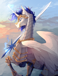 Size: 1676x2198 | Tagged: safe, artist:sweet julien, imported from derpibooru, oc, oc only, alicorn, pony, alicorn oc, armor, cloud, commission, eyebrows, horn, knight, lidded eyes, male, outdoors, solo, spear, stallion, sword, weapon, wings