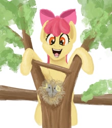 Size: 800x911 | Tagged: safe, artist:sa1ntmax, imported from derpibooru, apple bloom, bird, earth pony, pony, bird nest, climbing, female, filly, foal, happy, nest, open mouth, solo, tree