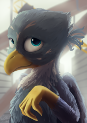 Size: 1600x2262 | Tagged: safe, artist:geljado, imported from derpibooru, gabby, griffon, bust, digital art, female, folded wings, looking at you, portrait, signature, smiling, smiling at you, solo, wings