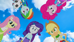 Size: 1920x1080 | Tagged: safe, edit, edited screencap, imported from derpibooru, screencap, applejack, fluttershy, pinkie pie, rainbow dash, rarity, human, equestria girls, equestria girls (movie), :c, cloud, football, frown, humane five, irl, looking at you, looking down, looking down at you, photo, sky, sports