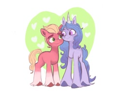 Size: 640x480 | Tagged: safe, artist:beckydoki, imported from derpibooru, izzy moonbow, sprout cloverleaf, earth pony, pony, unicorn, cute, duo, female, g5, heart, inaccurate height, izzy is tol, izzybetes, izzysprout, larger female, looking at each other, looking at someone, male, mare, shipping, simple background, size difference, sproutbetes, stallion, straight, unshorn fetlocks, white background