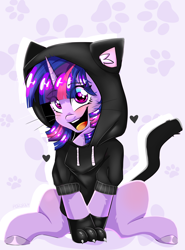 Size: 2150x2911 | Tagged: safe, artist:pozya1007, imported from derpibooru, twilight sparkle, pony, unicorn, blushing, clothes, costume, cute, female, g4, hoodie, kigurumi, looking at you, neko, open mouth, open smile, paw gloves, purple background, simple background, smiling, solo, whiskers