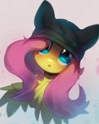 Size: 1162x1446 | Tagged: safe, artist:astralblues, imported from derpibooru, fluttershy, pegasus, pony, blushing, bust, cat hoodie, chest fluff, cute, hair over one eye, looking at you, open mouth, portrait, shyabetes, solo, sparkles