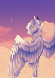 Size: 2480x3508 | Tagged: safe, artist:lunciakkk, imported from derpibooru, oc, oc:cloudy vexiium, pegasus, beyond cloud, beyond sky, cloud, commission, eyes closed, moon, unshorn fetlocks