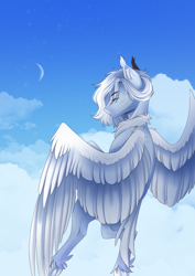 Size: 2480x3508 | Tagged: safe, artist:lunciakkk, imported from derpibooru, oc, oc only, oc:cloudy vexiium, pegasus, pony, beyond cloud, beyond sky, cloud, commission, eyes closed, moon, unshorn fetlocks