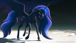 Size: 1280x720 | Tagged: safe, alternate version, artist:leopon276, imported from derpibooru, nightmare moon, alicorn, pony, female, floppy ears, gritted teeth, horn, mare, moon, no armor, solo, spread wings, teeth, wings