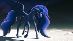 Size: 1280x720 | Tagged: safe, alternate version, artist:leopon276, imported from derpibooru, princess luna, alicorn, bat pony, bat pony alicorn, pony, alternate character, bat wings, cheek fluff, chin fluff, colored, ethereal mane, female, floppy ears, gritted teeth, hooves, horn, leg fluff, lighting, long horn, long mane, long tail, mare, moon, raised hoof, raised leg, shadow, slim, solo, space, spread wings, starry mane, starry tail, sternocleidomastoid, tail, teeth, thin, thin legs, unshorn fetlocks, wings