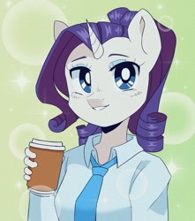 Size: 947x1069 | Tagged: safe, artist:melodylibris, imported from derpibooru, rarity, anthro, unicorn, anime style, bust, clothes, coffee, female, looking at you, necktie, shirt, smiling, smiling at you, solo, white shirt