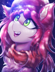 Size: 3000x3900 | Tagged: safe, artist:shad0w-galaxy, imported from derpibooru, oc, oc only, oc:airi, bat pony, pony, adorable face, bat pony oc, bat wings, beanie, chest fluff, clothes, commission, cute, ear fluff, fangs, female, fluffy, green eyes, hat, high res, mare, night, open mouth, scarf, smiling, snow, snowfall, snowflake, solo, wings, winter, winter outfit
