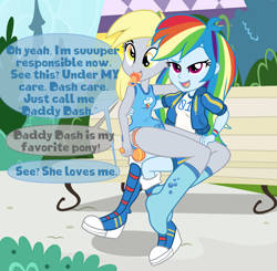 Size: 1262x1236 | Tagged: safe, artist:juicebarx, imported from derpibooru, derpy hooves, rainbow dash, human, equestria girls, abdl, diaper, diaper fetish, duo, female, fetish, lesbian, non-baby in diaper, onesie, pacifier, rattle, show accurate