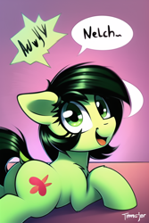 Size: 512x768 | Tagged: safe, imported from derpibooru, oc, oc only, oc:filly anon, oc:nelch, earth pony, pony, ai content, ai generated, butt, dock, female, filly, generator:novelai, generator:stable diffusion, looking at you, looking back, lying down, nelch, plot, prone, sitting, solo, speech, speech bubble, tail