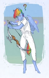 Size: 473x744 | Tagged: safe, artist:adeptus-monitus, imported from derpibooru, rainbow dash, anthro, pegasus, unguligrade anthro, bow (weapon), fail, question mark, solo