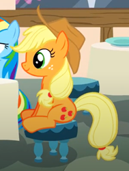 Size: 448x594 | Tagged: safe, imported from derpibooru, screencap, applejack, rainbow dash, earth pony, pegasus, pony, what about discord?, chair, cropped, cute, female, jackabetes, sitting, table