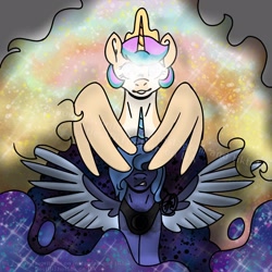 Size: 1600x1600 | Tagged: safe, artist:bestbithe15th, imported from derpibooru, princess celestia, princess luna, alicorn, pony, duo, glowing, glowing eyes