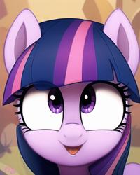 Size: 512x640 | Tagged: safe, imported from derpibooru, twilight sparkle, earth pony, pony, ai content, ai generated, earth pony twilight, female, generator:purplesmart.ai, generator:stable diffusion, missing horn, open mouth, open smile, race swap, smiling, solo