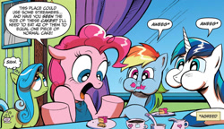 Size: 1296x745 | Tagged: safe, artist:andypriceart, idw, imported from derpibooru, pinkie pie, rainbow dash, shining armor, tealove, earth pony, pegasus, pony, unicorn, neigh anything, spoiler:comic, spoiler:comic11, 42, aweeg*, cute, dashabetes, dialogue, female, g4, group, male, mare, meme origin, quartet, shining adorable, sigh, speech bubble, stallion