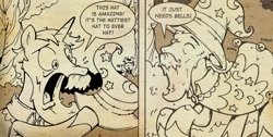 Size: 1332x672 | Tagged: safe, artist:katiecandraw, idw, imported from derpibooru, star swirl the bearded, pony, unicorn, spoiler:comic, cape, clothes, dialogue, g4, hat, male, sepia, solo focus, speech bubble, stallion, unnamed character, unnamed pony