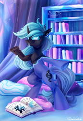 Size: 2076x3000 | Tagged: safe, artist:neonishe, imported from derpibooru, oc, oc only, changeling, bipedal, book, bookshelf, changeling oc, crystal empire, looking at you, pillow, shapeshifting, solo, transformation